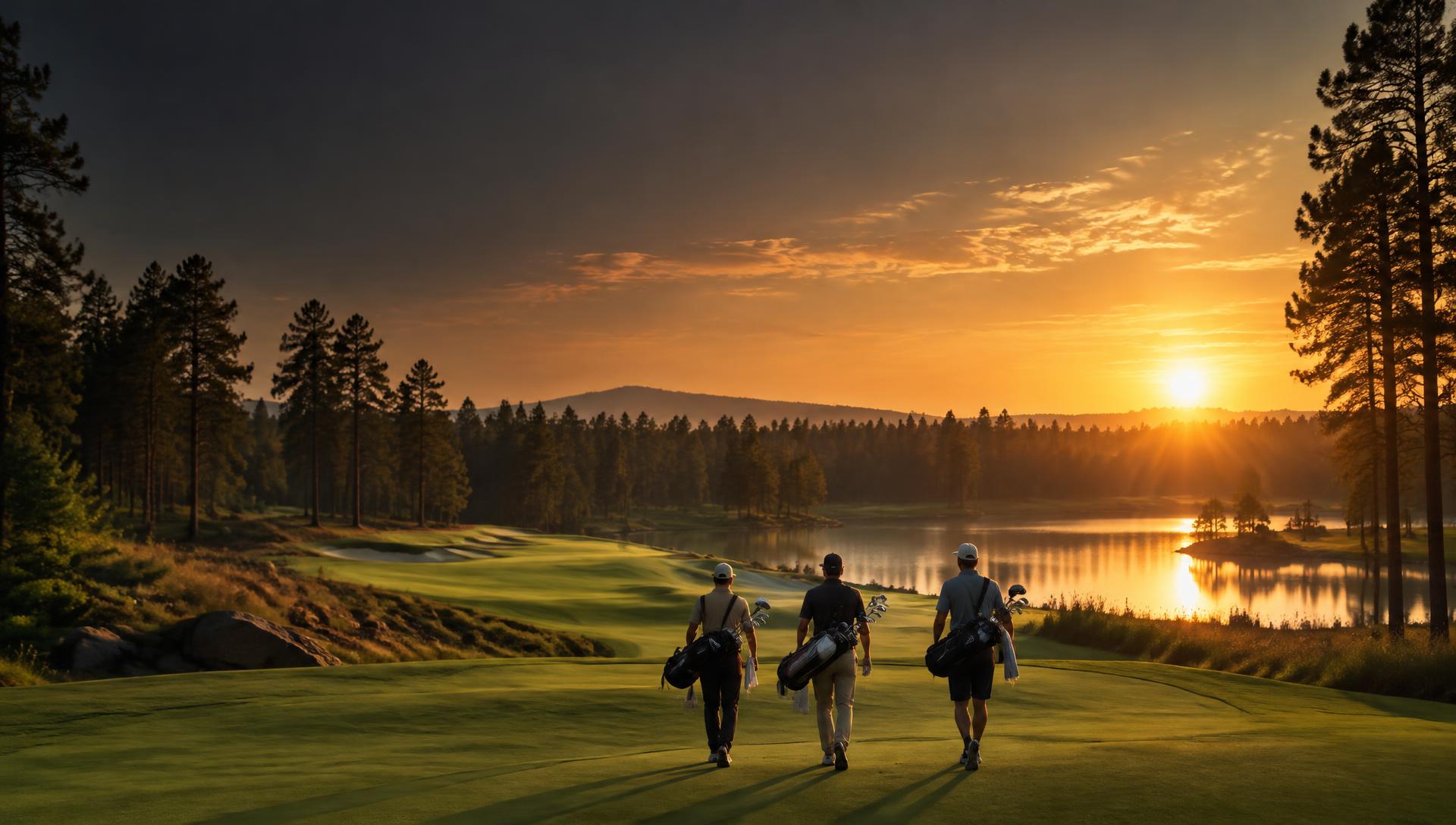 Three golfers walking down a fairway at sunset